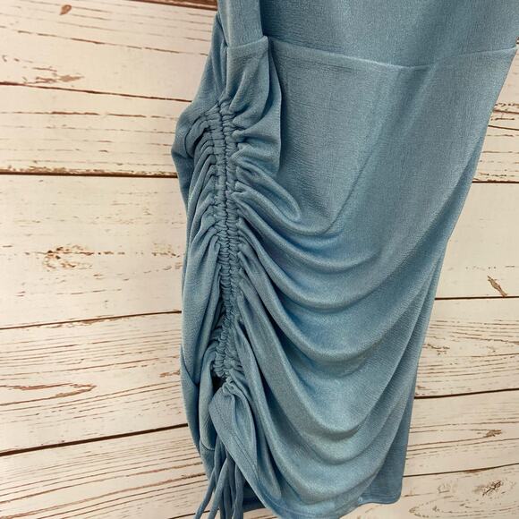 Windsor L Baby Blue Textured Tie Up Ruched Square Neck Mini Cocktail Dress - Picture 3 of 7
